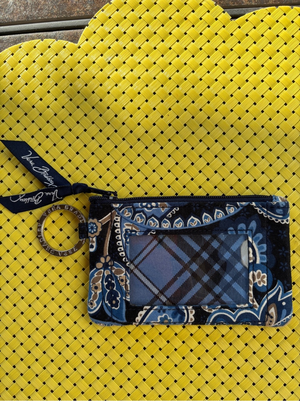 Vera Bradley Windsor Navy Zip ID / Coin Case Card Holder With Key Ring